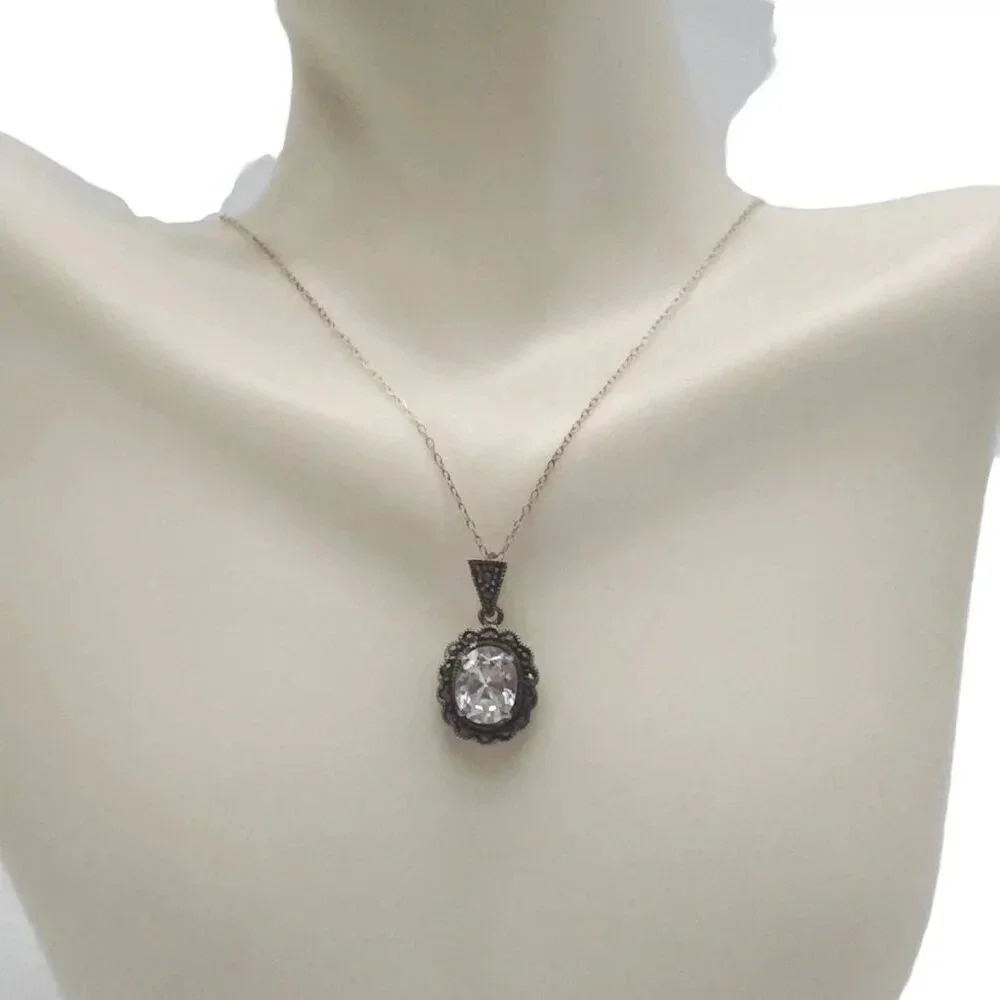 925 Sterling Silver Oval Crystal Marcasites Pendant Chain Necklace Italy VTG